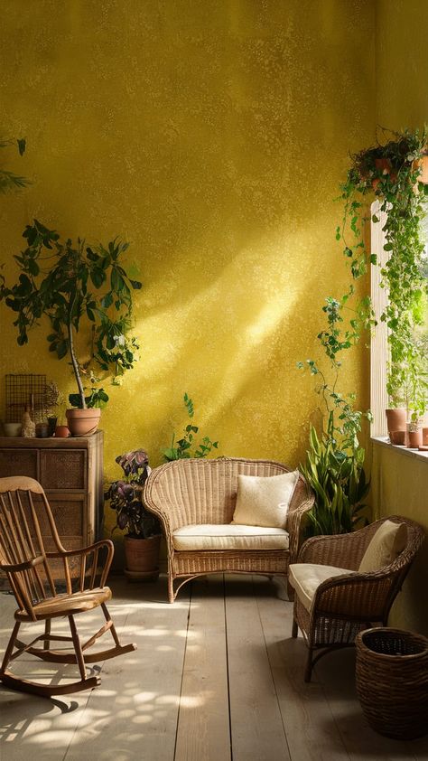 Transform your space with a serene interior featuring golden-hued yellow wallpaper adorned with intricate floral patterns. Vintage wooden rocking chairs and wicker loveseats create warmth, complemented by potted plants and natural elements. Let sunlight dance through the window, highlighting vibrant colors and evoking nostalgia. Discover a cozy atmosphere perfect for relaxation. #InteriorDesign #HomeDecor #VintageStyle Green Room Paint, Floral Patterns Vintage, Serene Interior, Wooden Rocking Chairs, Yellow Plants, Yellow Interior, Room With Plants, Rocking Chairs, Yellow Wallpaper