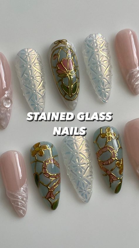 elle | stained glass 💐✨ #pressonnails #stainedglassart #stainedglassnails #chromenails #chromenailart #floralnails #summernails | Instagram Martini Glass Nail Art, Glass Effect Nail Art, Stained Glass Nail Designs, Wine Glass Nails, Glass Effect Nails, Art Nouveau Nails, 90s Nail Art, Stained Glass Nail Art, Aquarius Nails