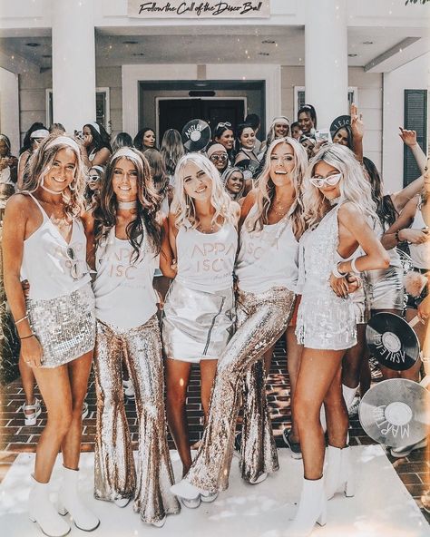 Disco Bid Day Outfit, Best Bid Day Themes, Kd Bid Day Themes, Kappa Delta Bid Day Themes, Themed Outfits For Groups, Disco Sorority Theme, Disco Bid Day Theme, Disco Themed Outfits, Disco Bid Day