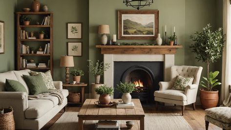 creating a cozy living room Sage Green Fireplace, Green Farmhouse Living Room, Green And Rust Living Room, Green Living Room Designs, Sage Green And Navy, Sage Living Room, Kitchen Tile Inspiration, Sage House, Sage Green Living Room