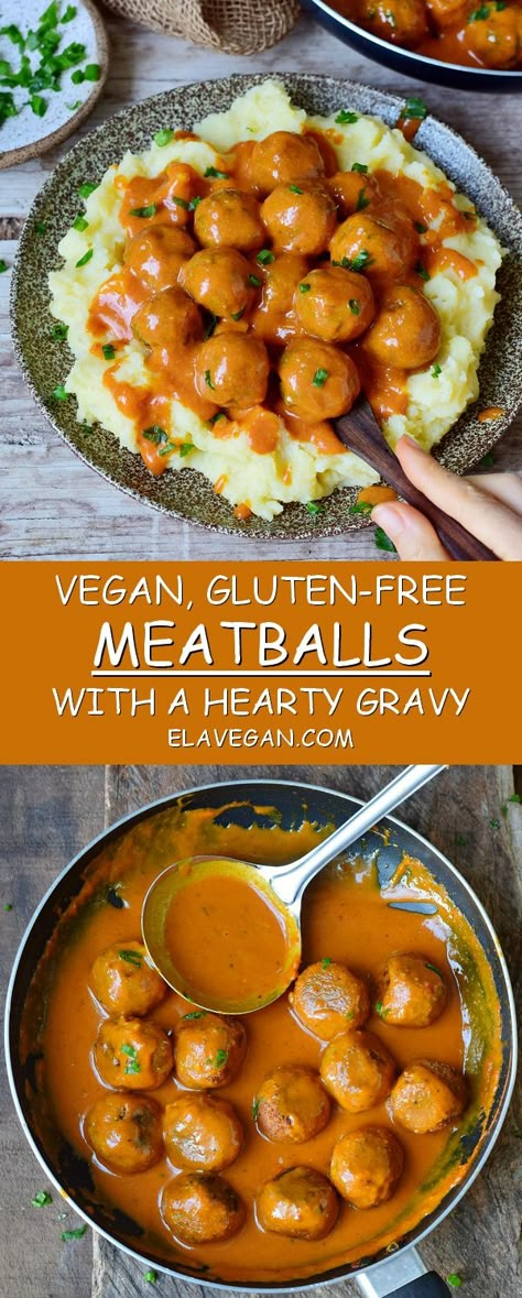 These are the best vegan meatballs with a spicy gravy. This gluten-free comfort meal is hearty, satisfying, and easy to make. The veggie meatballs are perfect for dinner and meal prep as well! #veganmeatballs #vegetarianmeatballs #veggiemeatballs #vegangravy #glutenfreevegan #vegandinner #elasrecipes | elavegan.com Meatballs With Gravy, Gluten Free Meatballs, Vegetarian Meatballs, Spicy Gravy, Vegan Gravy, Vegan Meatballs, Idee Pasto Sano, Vegan Dinner Recipes, Meat Free