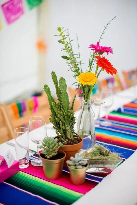 Taco Bout Love Bridal Shower Ideas, Colourful Cactus, Colorful Tablecloth, Cactus Centerpiece, Mexican Birthday Parties, Succulent Decor, Mexican Party Decorations, Mexican Table, Fiesta Bridal Shower