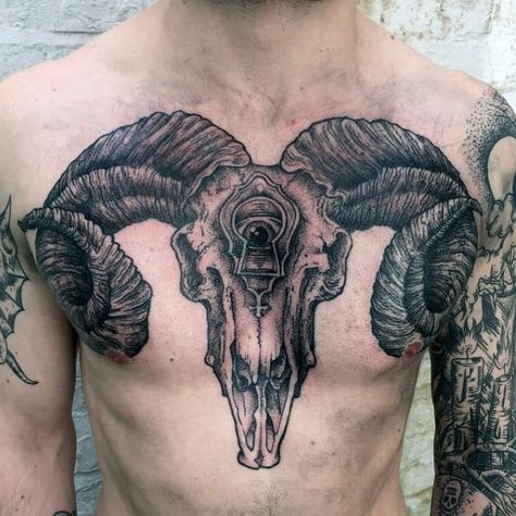 100 Ram Tattoo Designs For Men - Bighorn Sheep Ink Ideas Skull Tattoo Chest, Skull Chest Tattoo, Ram Skull Tattoo, Pirate Skull Tattoos, Deer Skull Tattoos, Bull Skull Tattoos, Ram Tattoo, Sheep Skull, Tattoo Chest