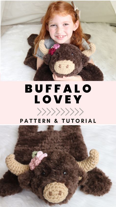 Enjoy the soft colors and attention grabbing textures of this unique buffalo lovey. This lovey showcases the beautiful body which is both simple and beautiful. It is a fun pattern to make and a great addition to any room needing a fresh heirloom piece. Buffalo Amigurumi, Crochet Bison, Crochet Buffalo, Crochet Lovies, Hoodie Blankets, Fun Blanket, Fur Crochet, Amigurumi Elephant Pattern, Elephant Themed Nursery