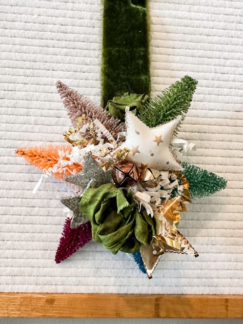 Anthropologie Christmas crafts, mini bottlebrush star wreath · The Glitzy Pear Mini Wreath Diy, Anthropology Christmas, Anthropologie Christmas, Star Wreath, Mini Wreaths, Organization Decor, Shredded Paper, Mini One, Cute Stars