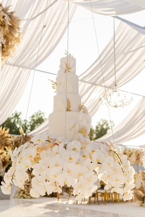 #pampas #tent #wedding #gold #white #blush #glamorous #elegant #chandelier #weddingideas #flowers #orchids #wedding cake #floatingcake #cakedesigner Floating Wedding Cake, Chandelier Wedding Cake, Lotus House, Orchid Wedding Cake, Orchids Wedding, Wedding Cake Table Decorations, Flowers Orchids, Wedding Ceiling, 15 Birthday