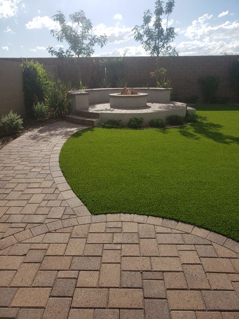 Brick And Turf Backyard, Backyard Paver And Grass Ideas, Triangle Yard Landscape, Backyard With Turf Ideas, L Shaped Backyard Ideas, Concrete Squares With Grass Between, Rectangle Backyard, Arizona Patio Ideas, Rectangle Backyard Landscaping