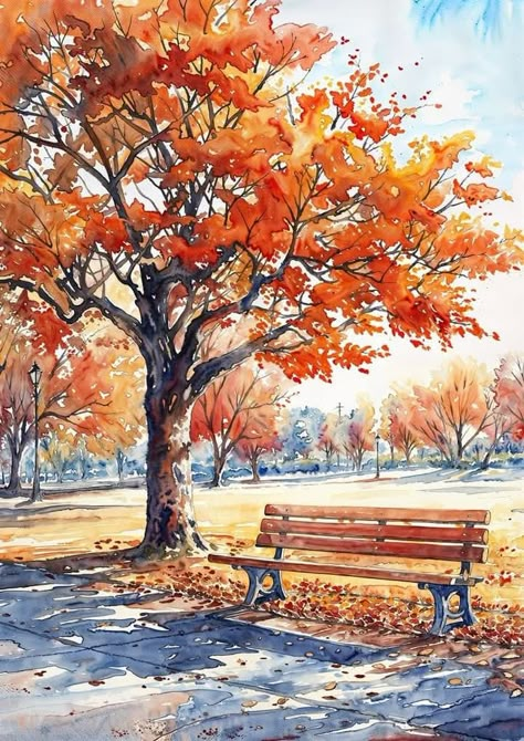 Fall Wallpaper Preppy, Watercolor Art Paintings Beautiful, Autumn Trees Painting, Autumn Tree Painting, Landscape Paintings Watercolor, Nature Watercolor Art, Autumn Drawing, Landscape Painting Watercolor, Park Painting