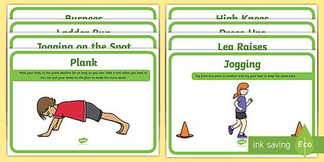 Encourage your kids to stay active at home with these PE from the Home Fitness Station Activity Cards.Each of the eight printable exercise cards in this resource features the name and basic description of a physical activity that can be done within a small space. There are also illustrations included on each card to aid in understanding.Use these exercise cards to put together circuit courses of physical activities for children to complete each day.Try mixing and matching each day to keep the Exercise Cards Printable, Pe Exercises, Physical Literacy, Adapted Pe, Coaching Soccer, Elementary Physical Education, Pe Activities, Card Workout, Pe Ideas