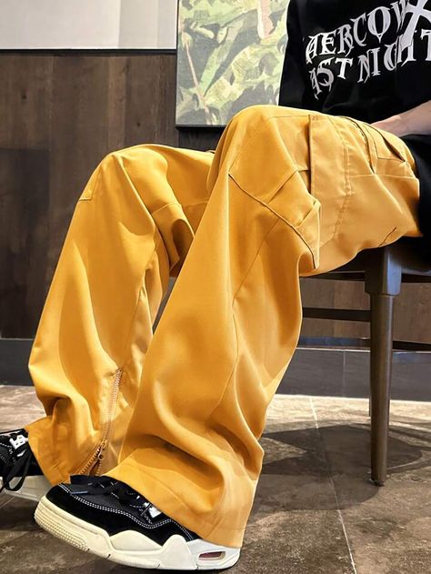 Yellow Pants Outfit Men, Colourful Mens Fashion, Yellow Men Outfit, Black Yellow Outfit, Funky Outfits Men, Yellow Outfit Men, Colorful Mens Fashion, Earth Tone Clothes, Yellow Pants Outfit