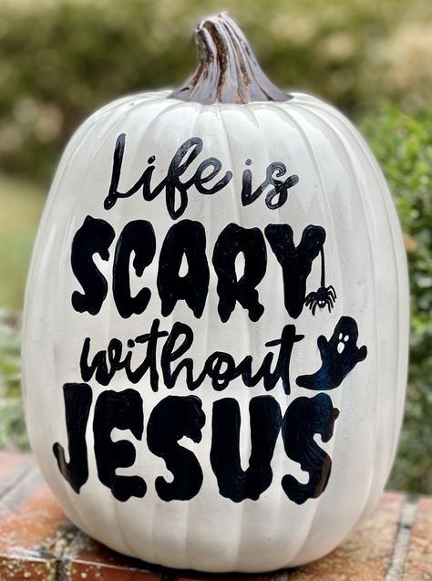 Cute Christian Pumpkin Painting Ideas, Pumpkin Painting Christian, Christian Pumpkin Ideas, Jesus Pumpkin Painting, Pumpkin Carving Ideas Christian, Catholic Pumpkin Painting, Bible Pumpkin Painting, Cute Pumpkin Painting Ideas For Small Pumpkins, Bible Verse Pumpkin Painting