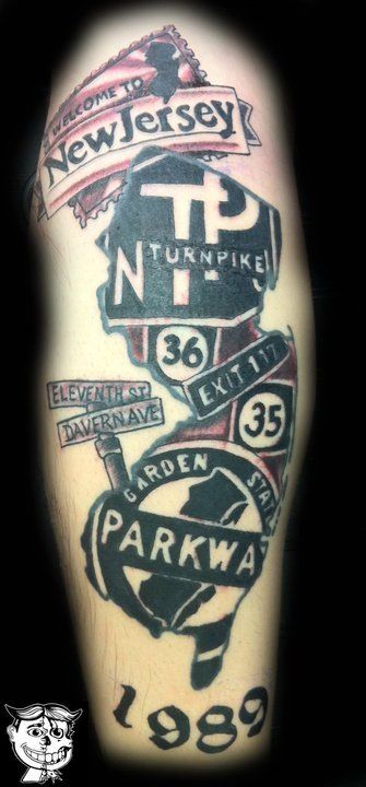 Amazing NJ tattoo. #ilovenj Broadway Tattoos, Jersey Tattoo, All Star Tattoo, New Jersey Tattoo, Police Tattoo, State Tattoos, Tattoo New, Filipino Tattoos, 13 Tattoos