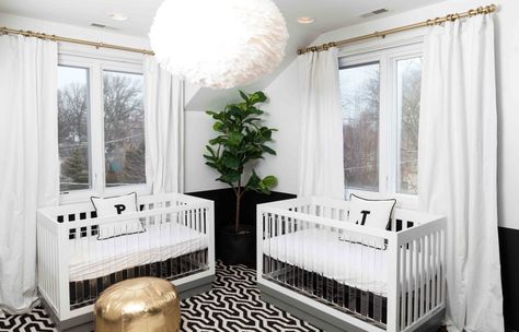 Modern Gender Neutral Nursery, Twin Baby Rooms, Sophisticated Nursery, Nursery Color Scheme, Black And White Nursery, Twin Nursery, Nursery Interior Design, Nursery Modern, White Nursery