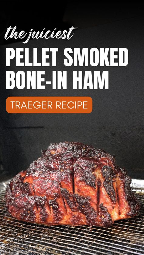 Bone-in ham smoking on Traeger pellet grill. Smoked Ham Burnt Ends, Bone In Smoked Ham How To Cook, Ham Glaze For Smoker, Smoked Ham Pitboss, Maple Glazed Smoked Ham, Grilled Ham Recipes, Ham On The Smoker Recipe, Double Smoked Pulled Ham, Smoked Ham With Pineapple