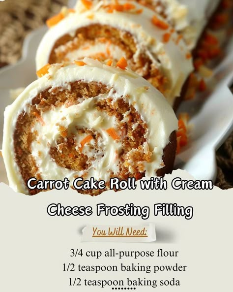 Carrot cake roll: 3/4 cup all-purpose flour 1/2 tsp baking powder. Mix in 1/2 cup unsalted butter softened.\n1 large egg 2 tsp vanilla extract. Gradually add 1 cup granulated sugar.\nCombine 2 cups grated carrots 1/2 cup chopped walnuts.\nPour in 2 greased 9-inch round baking pans.\nbake 30-35 minutes. Let cool.\nFrost with cream cheese frosting.\n#CarrotCake #CakeRoll #CreamCheeseFrosting\n#PinterestRecipe Carrot Cake Roll Recipe, Recipe Deli, Carrot Cake Roll, Chocolate Carrot Cake, Moist Carrot Cake, Carrot Spice Cake, Moist Carrot Cakes, Easy Carrot Cake, Roll Cakes