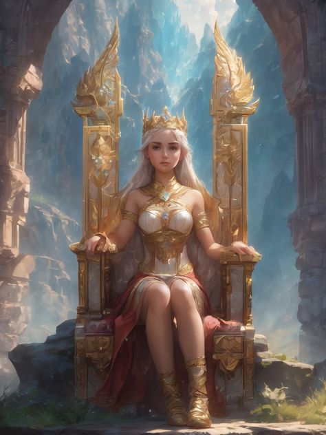 A princess sitting on her throne surrounded by stones and ancient artifacts Two People Sitting On A Throne Reference, Throne Art Reference, Throne Poses, Throne Drawing Reference, Sitting On Throne Drawing, King Sitting On A Throne Reference, Sitting On Throne Reference, Throne Art, Throne Illustration