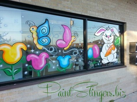 Easter window painting bunny butterfly tulips chick and eggs www.facebook.com/paintslingers.biz.  www.PaintSlingers.biz Spring Window Painting Ideas, Store Window Painting, Easter Window Painting, Spring Window Painting, Window Painting Ideas, Hand Painted Windows, Easter Window Decorations, Easter Window, Painted Window Art