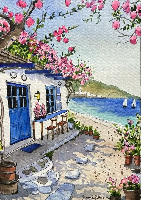 Greece Watercolour Painting, Beach House Watercolor, Drawing Beach Ideas, Happy Place Drawing, Aesthetic Watercolor Art Ideas, Beach House Drawing, Greece Sketch, Watercolour House Painting, Urban Sketching Watercolors