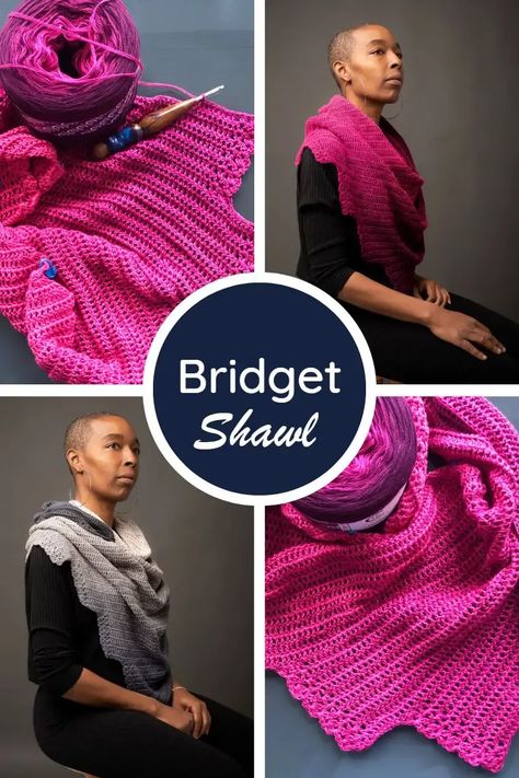 Looking for an easy crescent shawl crochet pattern with an edge? Bridget is a staggered crescent or banana shaped shawl featuring a scalloped edge. With a super simple repeat this is a perfect first shawl pattern for beginners Crescent Shawl Pattern, Triangle Shawl Pattern, Prayer Shawl Crochet Pattern, Crochet Triangle Shawl, Crochet Pattern Beginner, Crocheted Shawls, Crochet Triangle Shawl Pattern, Crescent Shawl, One Skein Crochet