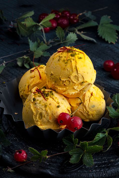 Saffron ice creams on Behance Summer Ice Cream Photography, Saffron Ice Cream, Persian Ice Cream, Easy Indian Dessert Recipes, Easy Indian Dessert, Ice Cream Wallpaper, Ice Cream Photography, Ice Cream Menu, Sorbet Ice Cream