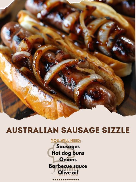 🌟 Experience the classic Australian Sausage Sizzle! 🌭✨ #AustralianFood #SausageSizzle Australian Sausage Sizzle Ingredients: Sausages (6) Hot dog buns (6) Onions (2, sliced) Barbecue sauce (1/2 cup) Olive oil (2 tbsp) Salt and pepper (to taste) Instructions: Cook sausages on a barbecue grill until done. Sauté onions in olive oil until caramelized. Place sausages in buns, top with onions and barbecue sauce. Season with salt and pepper. 🌟 Perfect for a weekend barbecue or picnic! #RecipeIns... Sausage Sizzle, Sauté Onions, Australian Food, How To Cook Sausage, Saute Onions, Barbecue Sauce, Barbecue Grill, Hot Dog Buns, Hot Dogs