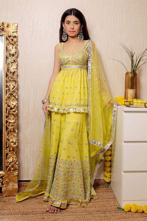 Yellow Cotton Silk Peplum Tunic Sharara Set - short tunic with mirror, thread and gota applique work Yellow Sharara, Gopi Vaid, Haldi Dress, Haldi Outfits, Sharara Pants, Haldi Outfit, Short Tunic, Indo Western Dress, Party Wear Indian Dresses