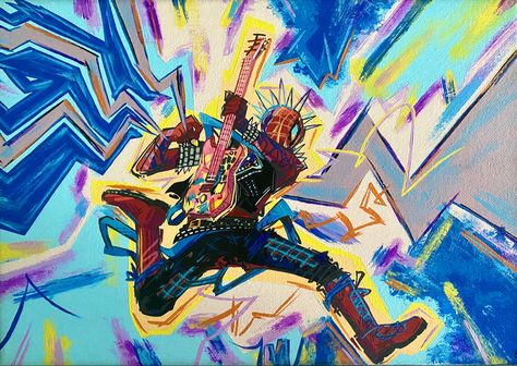 #spiderman #spidermanintothespiderverse #spiderpunk #hobiebrown #drawing #art #painting #acrylic Spiderpunk Painting, Spiderpunk Art, Sick Paintings, Spiderman Painting, Spider Punk, Guitar Painting, Spiderman Art, Art Painting Acrylic, Spider Verse