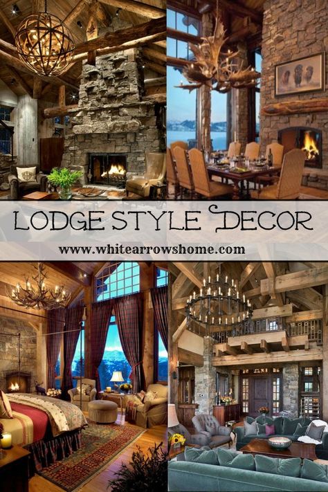 Mountain Lodge Decor, Lodge Style Decorating, Lodge Living Room, Lodge Interiors, Lodge Style Home, Log Home Decor, Art Deco Style Interior, Ski Lodge Decor, Lodge Ideas