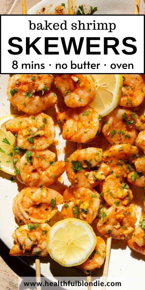 These quick and easy oven-baked shrimp skewers are juicy, full of flavorful, and marinated in a simple lemon-garlic and herb dressing. The shrimp cook in minutes and make for the perfect weeknight dinner! Oven Cooked Shrimp, Oven Baked Shrimp, Shrimp In The Oven, Blondie Recipes, Shrimp Skewer Recipes, Herb Dressing, Dinners Recipes, Shrimp Recipes Healthy, Shrimp Skewers