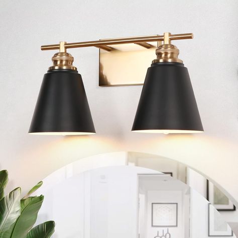 pasentel Black and Gold Bathroom Light Fixtures, 2-Light Bathroom Vanity Lights Over Mirror with Metal Shade, Modern Wall Sconces Lighting for Kitchen Bedroom Living Room, BD015-2-BK - Amazon.com Light Vanity Bathroom, Black Gold Bathroom, Gold Bathroom Vanity Light, Gold Bathroom Vanity, Beach House Room, Black And Gold Bathroom, Bathroom Black, Vanity Bathroom, Bathroom Vanity Light