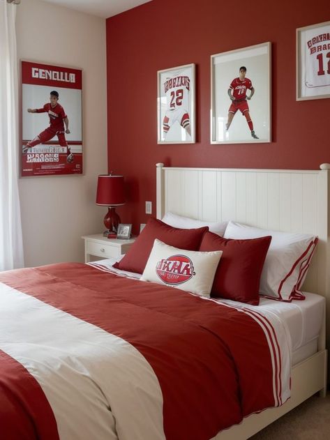 Create a bold and energetic look in a boys bedroom with a vibrant red accent wall. Incorporate popular items like a sport-themed duvet cover or posters to personalize the space and add character. Accent Wall Boys Bedroom, Red Boys Bedroom, Boy Room Red, Sports Room Boys, Red Accent Wall, Sports Room, Bedroom Red, Boy Bedroom, Boys Bedroom