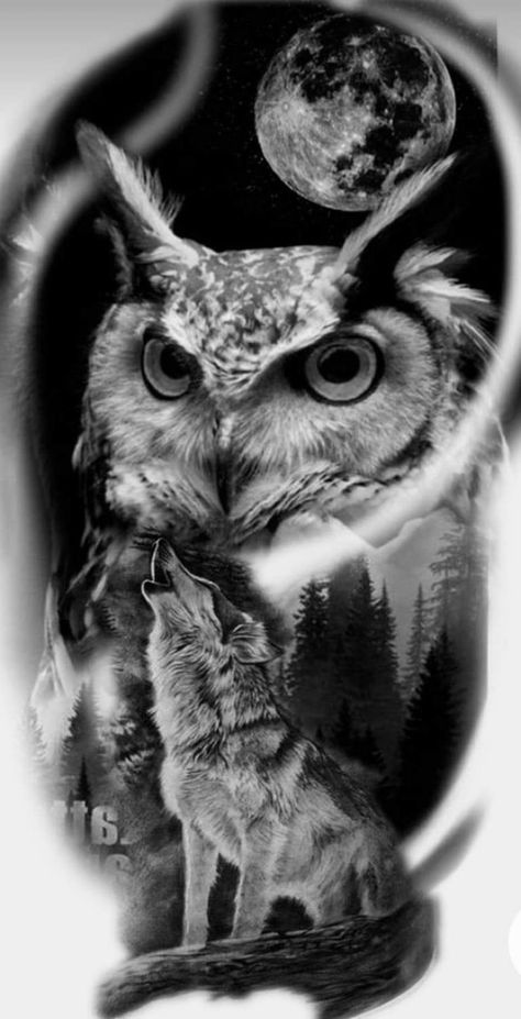 Owl Wolf Tattoo Design, Owl And Wolf Tattoo, Tattoo Design Black And Grey, Tattoo Design Sketches, Tattoo Drawings Sketches, Tato 3d, Realistic Owl Tattoo, Owl Tattoo Sleeve, Owl Tattoo Drawings