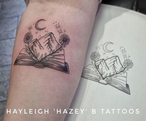 Matching Camping Tattoo Ideas, Mountain And Book Tattoo, Books And Mountains Tattoo, Book With Mountain Tattoo, Mountain Book Tattoo, Book Mountain Tattoo, Matching Book Tattoos, Tog Tattoo, Velaris Tattoo