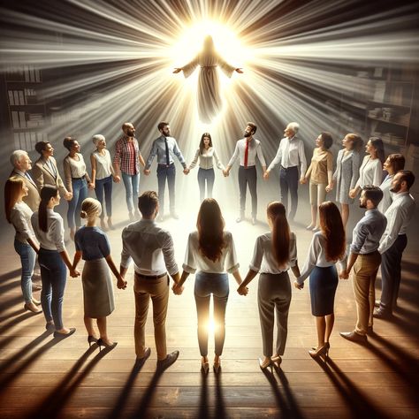 A diverse group of people in a circle, holding hands, under a radiant light symbolizing divine guidance and unity. Each person reflects different roles – a family member, a professional at work, and a community leader, all united in the spirit of love and good deeds, inspired by Hebrews 10:24-25. The scene conveys a sense of encouragement, leadership, and the power of uplifting others, appealing to Bible readers. Group Prayer Images, Community Images People, Love Each Other Bible, Prayers For Monday, Family Praying Together, Family Praying, Monday Morning Prayer, Family Holding Hands, People Praying