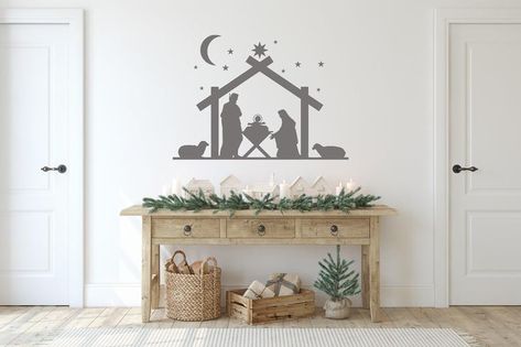 Nativity Scene Art Religious Wall Decals Holy Night Sign | Etsy Nativity Window Painting, Christmas Window Painting Nativity, Cricut Manger Scene, Nativity Wall Art, Nativity Vinyl Decal, Teen Room Art, Christmas Wall Stickers, Mandala Decals, Christmas Religious