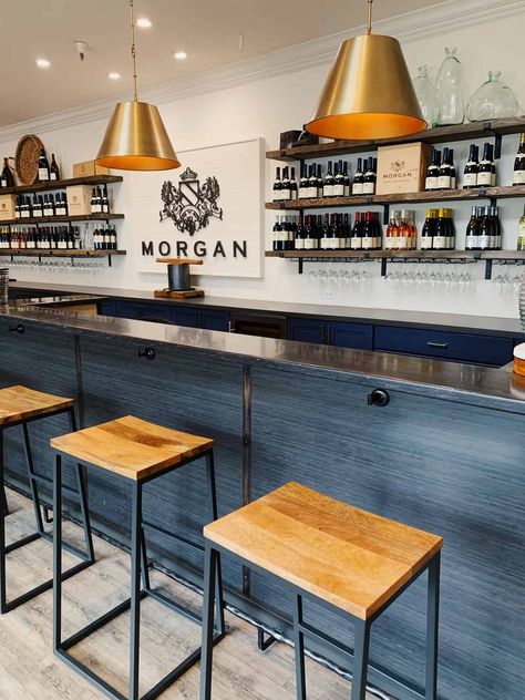 Morgan Tasting Room’s Fresh Modern Look Distillery Decor Interior Design, Winery Interior Design Tasting Room, Wine Tasting Room Ideas Interior Design, Winery Tasting Room Design, Winery Interior Design, Wine Tasting Room Ideas, Brewery Aesthetic, Tasting Room Design, Distillery Design