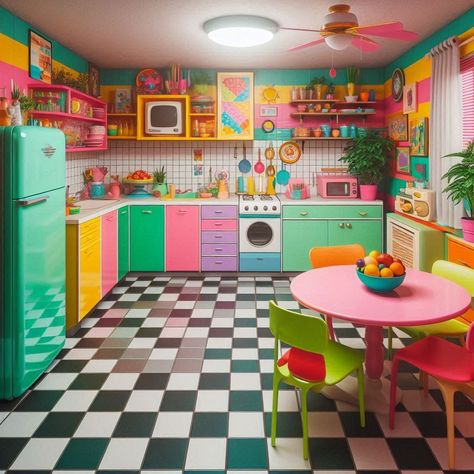 80s Kitchen 1980s Interior Design Kitchen, 80s Aesthetic Kitchen, 80s Nostalgia Aesthetic, Trippy Kitchen, Dopamine Kitchen, 80s Decor Interior Design, Bubble Furniture, 80s House Interior, Retro Modern Kitchen