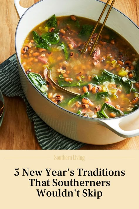 If anything, we believe in starting the New Year off on a high note, and if it takes adhering to age-old traditions to do that, ladle us a bowl of collards and call us superstitious. New Year's Eve and New Year's Day are full of opportunities to bring on good luck, ward off ill will, and kick off the year with blessings and fortune to come. You just have to know what to do—and not to do. #holiday #traditions #newyears #southern #culture #holidaytraditions New Years Day Traditional Food, New Years Meals Traditional Southern, New Year’s Day Dinner Good Luck, New Year's Day Traditions, New Years Day Recipes Good Luck, New Year’s Traditions, New Year’s Day Meal Tradition, New Year’s Day Food For Luck, New Years Food Ideas Tradition