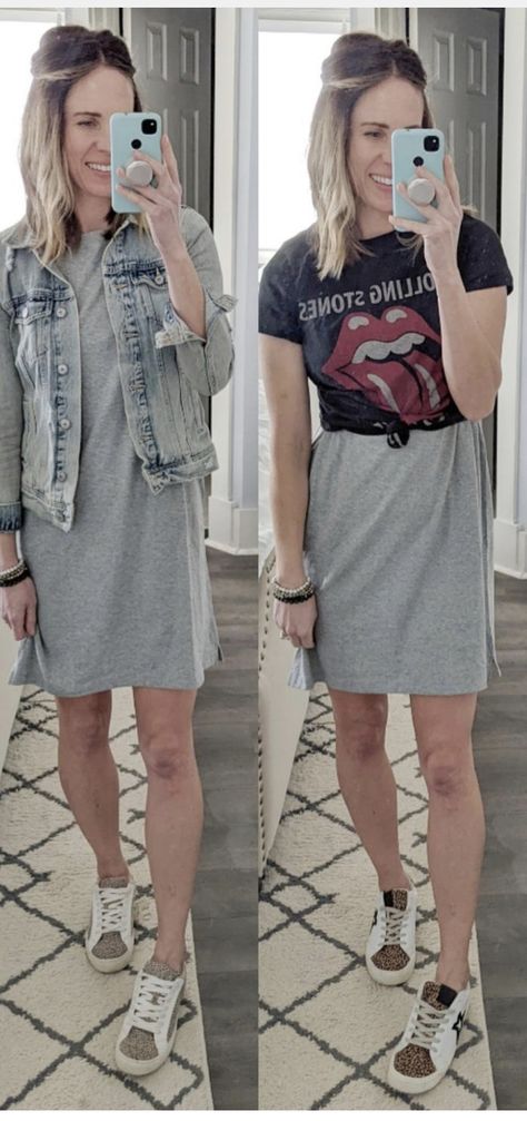 Grey T Shirt Dress Outfit, Dress With Tshirt Over, Casual Fitted T-shirt Dress For Spring, Grey Tshirt Dress Outfit, Casual Mini T-shirt Dress For Fall, Gray Tshirt Dress, Fitted Mini T-shirt Dress For Spring, Dress With Tshirt, Stripped Tshirt