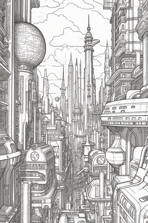 Futuristic City Buildings Coloring Pages City Coloring Book - Etsy Futuristic Cityscape Drawing, Futuristic Building Drawing, Futuristic City Scape, Modern Buildings Drawing, Future Buildings Drawing, Futuristic Building Architecture, Cyberpunk City Drawing, Future City Drawing Easy, Future World Drawing