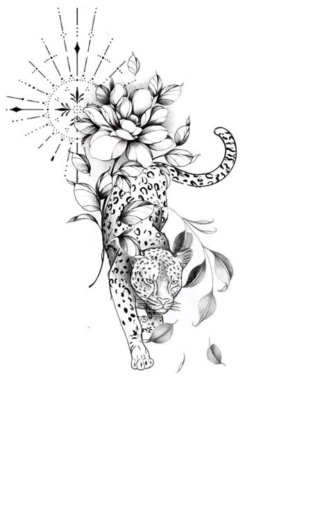 Leppard Tattoo For Women, Jaguar And Flowers Tattoo, Cheetah Floral Tattoo, Leopard Flower Tattoo, Leopard Tattoo, Jaguar Tattoo, Rose Drawing Tattoo, Leopard Tattoos, Mom Tattoo Designs