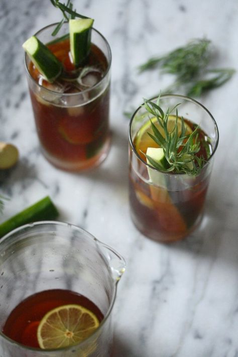 Bottoms Up: Pimm’s Cup Cocktail with Fresh Ginger, Lime and Tarragon Tarragon Cocktail, Pimm's Cup, Pimms Cup, Easy Summer Cocktails, Watering Hole, Lime Soda, Summer Cocktail Recipes, Ginger Recipes, Drink Me