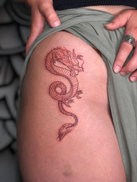 Dragon Tattoo Hip, Haku Tattoo, Dragon Thigh Tattoo, Side Hip Tattoos, Tattoo Hip, Red Dragon Tattoo, Small Dragon Tattoos, Chinese Dragon Tattoos, Dragon Tattoo For Women