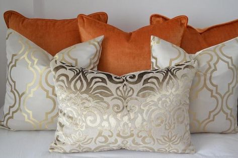 One gold accent pillow for bed Morrocan Patterns, Classy Chandelier, Gold Accent Pillows, Glam Pillows, Gold Pillow Covers, Dorm Room Crafts, Orange Pillow Covers, Room Crafts, Gold Pillow