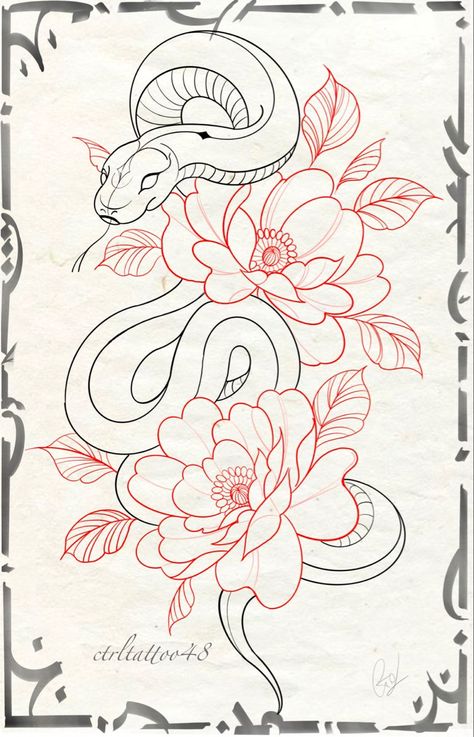 Floral Snake Drawing, Snake And Flower Drawing, Snake With Flowers Tattoo Design, Snake Tattoo Flowers, Snake With Flowers Drawing, Snake Tattoos Drawing, Snake Flower Drawing, Cool Snake Drawings, Leg Tattoo Outline