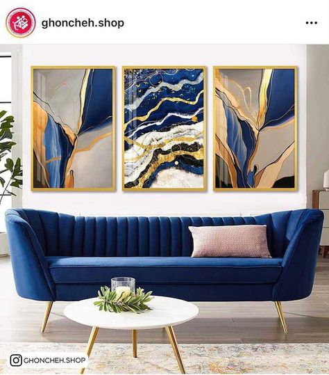 Blue And Gold Living Room, Sitting Room Decor, Colourful Living Room Decor, Gold Abstract Painting, Gold Art Painting, Blue Living Room Decor, Diy Wall Art Decor, Pinterest Room Decor, Kids Interior Room