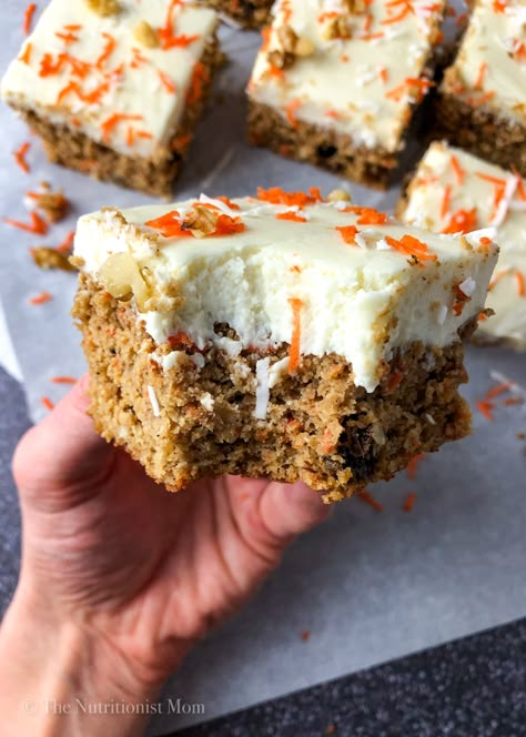 Protein Carrot Cake, Carrot Cake Protein, Healthy Protein Desserts, Spiced Carrot Cake, Carrot Cake Bars, Carrot Cake With Cream Cheese, Maple Frosting, Protein Baking, High Protein Desserts