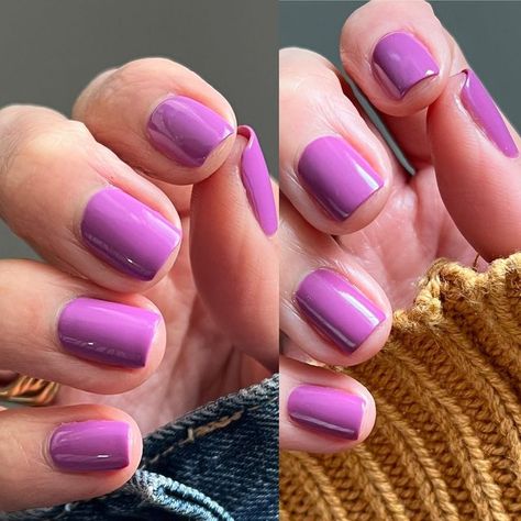 Denise Palacios 🇲🇽 on Instagram: "Here is the comparison side to side between Fuel Your Desire by Essie (left side) and TLG by O&J (right side) 😎😎😎😎 I would say that Fuel Your Desire has more pink when I took it outside to the sun and I would say she is the slightly darker version of TLG #essie #oliveandjune #essiefuelyourdesire #oliveandjunetlg #colorcomparison #polishcomparison #purplenails #essielove #oliveyourmani" Olive And June, Side To Side, Purple Nails, Essie, Right Side, The Sun, Fuel, The Outsiders, Sun