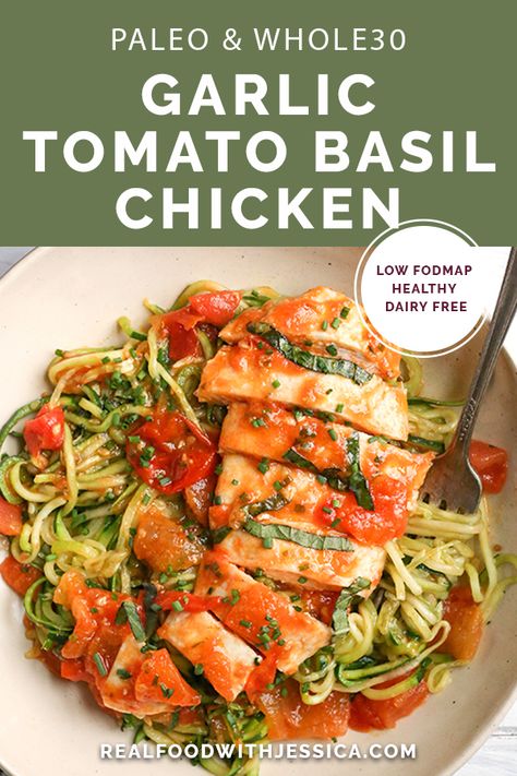 This Paleo Whole30 Garlic Tomato Basil Chicken is quick and so easy. A fresh tomato sauce and tender chicken that is ready in 20 minutes. Gluten free, dairy free, low carb, and low FODMAP. #paleo #whole30 #lowfodmap #healthy #dairyfree | realfoodwithjessica.com via @realfoodwithjessica Everyday Dinners, Health Meals, Tomato Basil Chicken, Healthy Cheese, Dairy Free Low Carb, Fresh Tomato Sauce, Boiled Egg Diet Plan, Basil Chicken, Healthier Choices