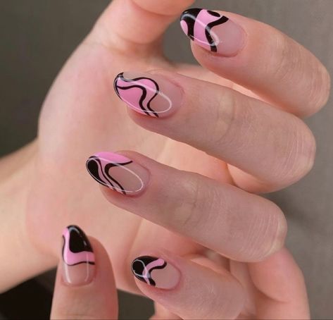 Pink And Black Nails Almond, Pink Black White Nails, Black And Pink Almond Nails, Black And Light Pink Nails, Pink And Black Almond Nails, Black White And Pink Nails, Light Pink And Black Nails, Pink Black And White Nails, Pink And Black Nails